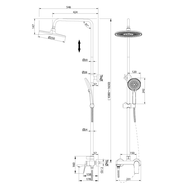 Grossman Galaxy 500.K35.01.210 с верхним душем, ручной лейкой и смесителем, черный матовый