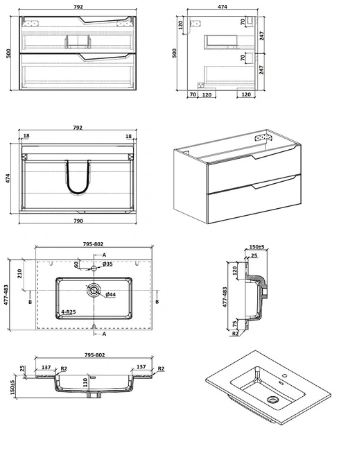 PARLY Тумба Rhea80 подвесная с раковиной 800x480x550