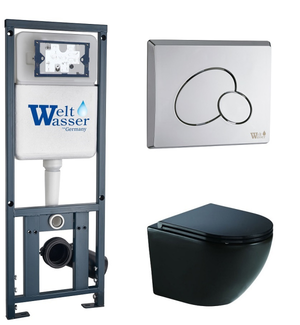Унитаз с инсталляцией WeltWasser MARBERG 410+MERZBACH 041 XL MT-BL+MAR 410 RD черный матовый/кнопка хром матовый