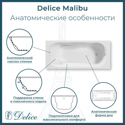 Delice Malibu 170х70 с отверстиями под ручки (в комплекте только ванна, без ножек и слива-перелива)